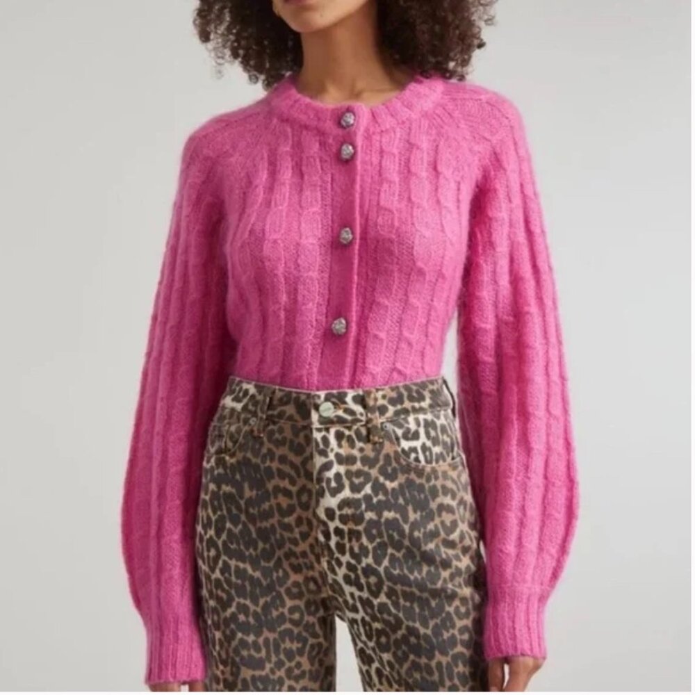 GANNI Hot Pink Cable Cardigan with Silver Buttons - Size M